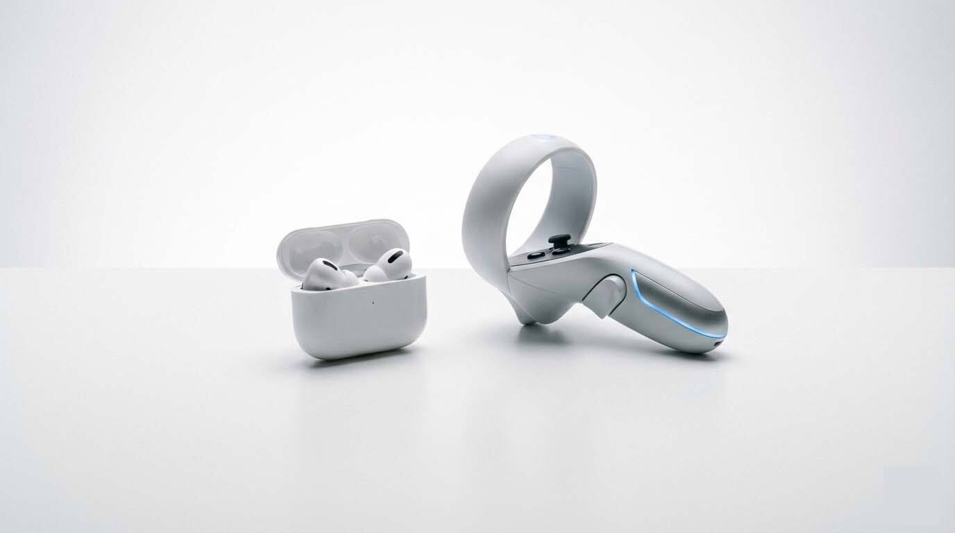 純白桌面上的 AirPods 充電盒與 HTC VIVE 控制器